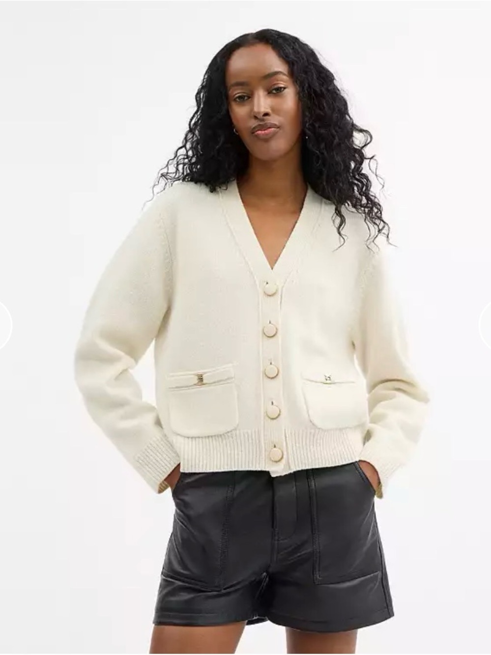 Coach Cream V-Neck Button Cardigan with Patch Pockets